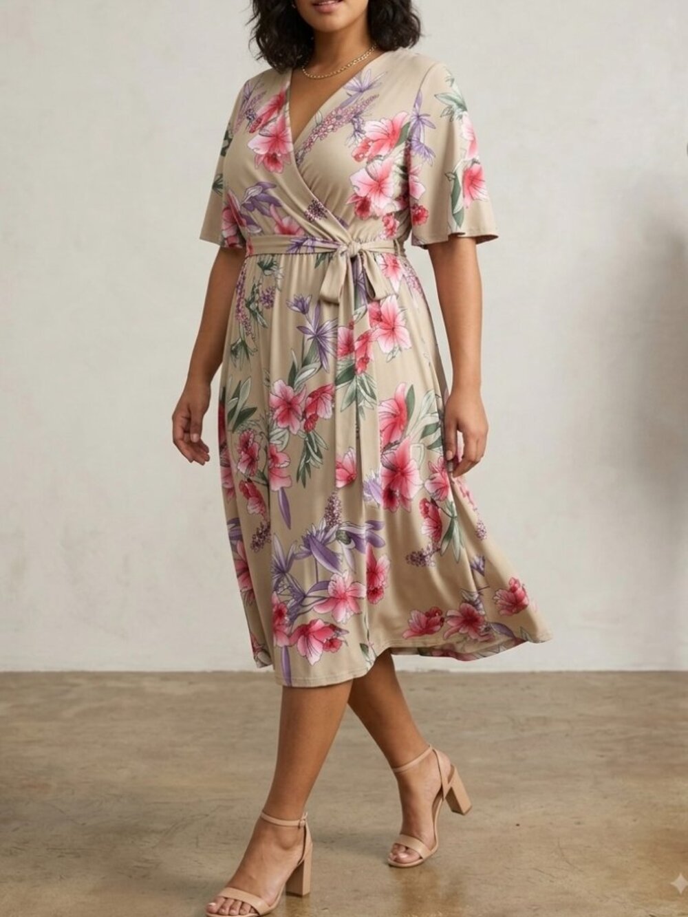 Kiyonna Floral Faux Wrap Midi Dress Plus Size 1X Made in USA Cottagecore